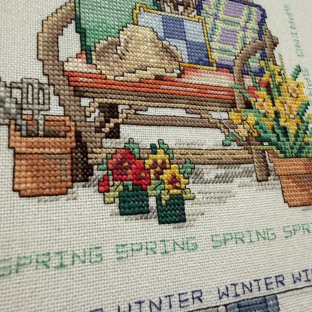 Vintage Four Seasons Cross Stitch Framed Wall Art Farmhouse Sampler - Picture 8 of 9